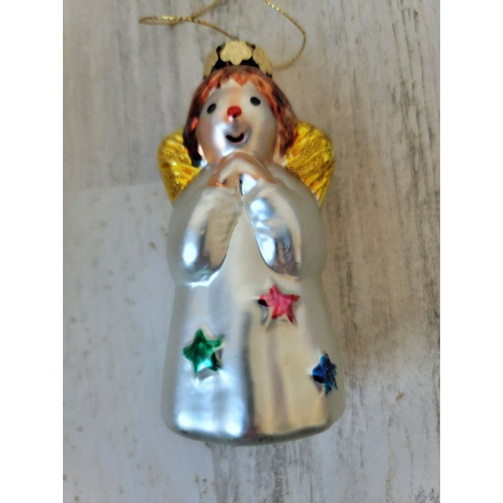 Angel prayer praying star glitter blown glass ornament Xmas decor